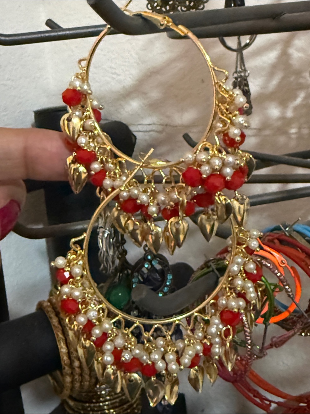 Source Unknown Gold Hoop Earrings with Red Beads and Pearl Accents